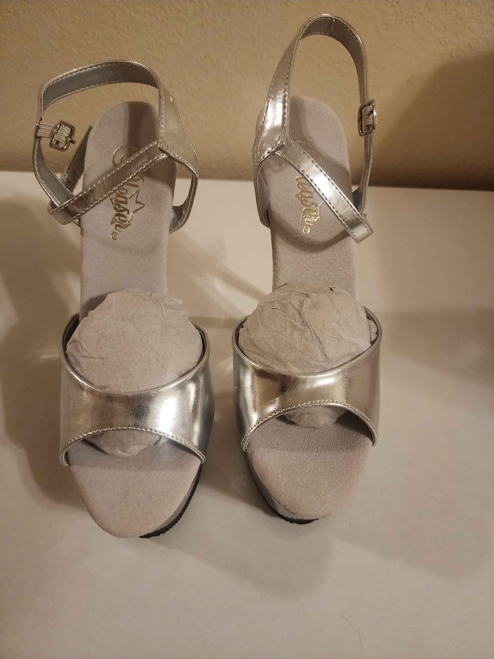 Pleaser Metallic Silver Platform Ankle Strap Heels